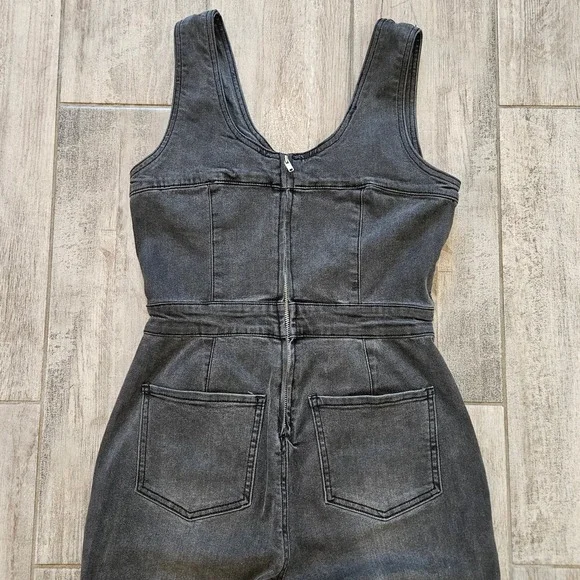 Forever 21 Denim Jumpsuit Women S Wide Leg Sleeveless Charcoal Wash Grunge Edgy - Picture 8 of 10